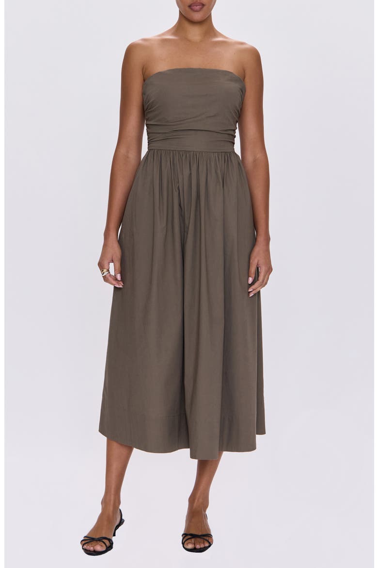 Florence Strapless Lace-Up Back Stretch Cotton Midi Dress, Main, color, DRIFTWOOD
