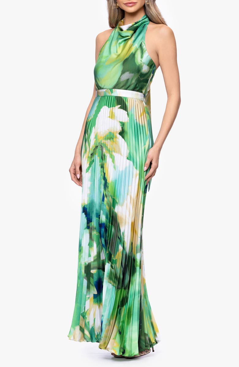 Betsy & Adam Cowl Neck Print Pleated Halter Gown, Alternate, color,
