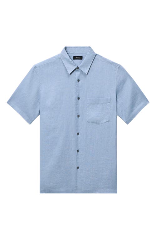 Theory Irving Solid Short Sleeve Linen Button-up Shirt In Rainstorm