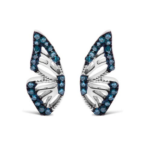 Sterling Silver 1/6 Cttw Blue Treated Diamond Butterfly Stud Earrings