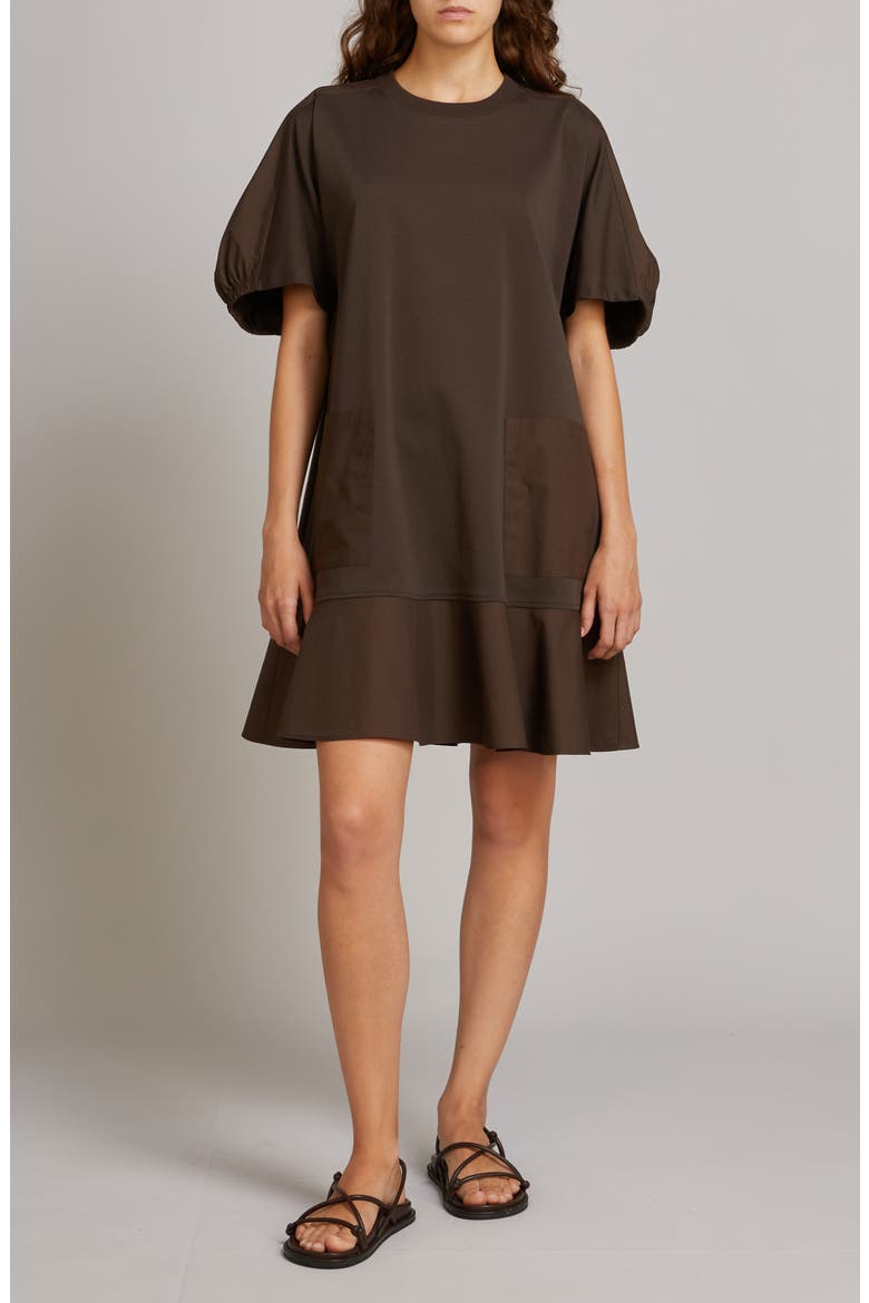 Onore Puff Sleeve Ruffle Hem Mixed Media Shift Dress, Main, color, DARK BROWN