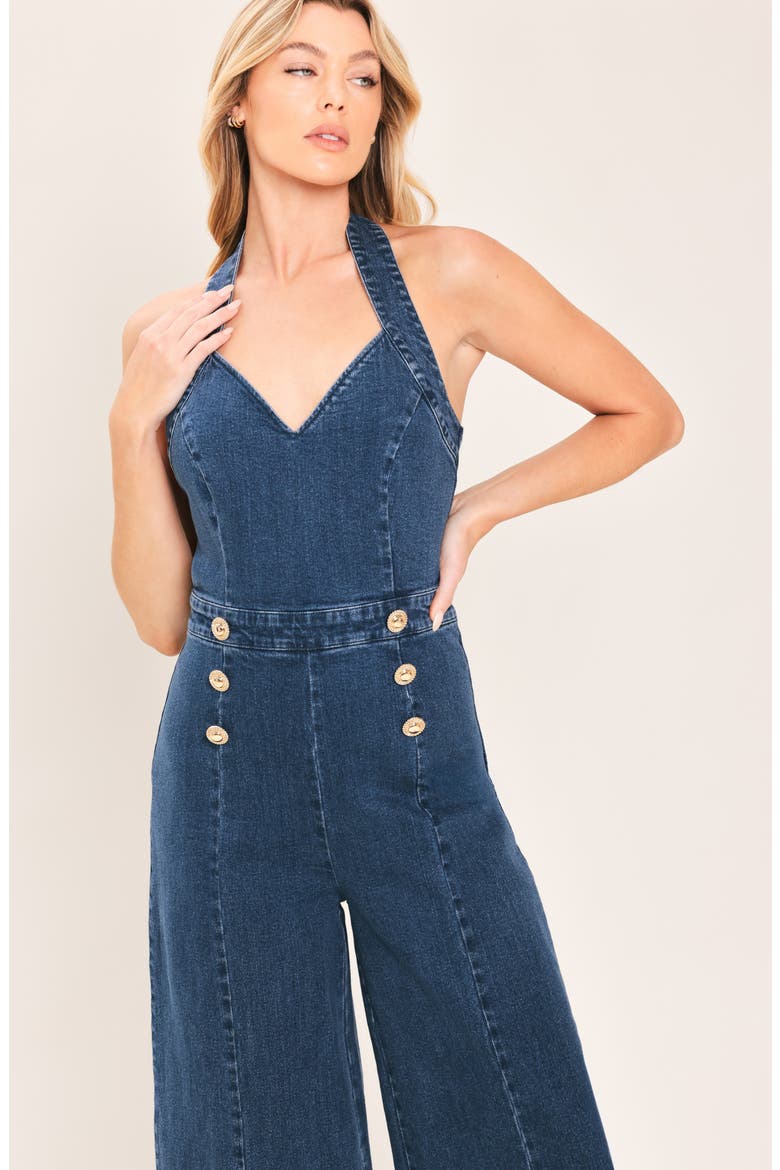 Halter Neck Wide Leg Denim Jumpsuit, Alternate, color, MEDIUM INDIGO