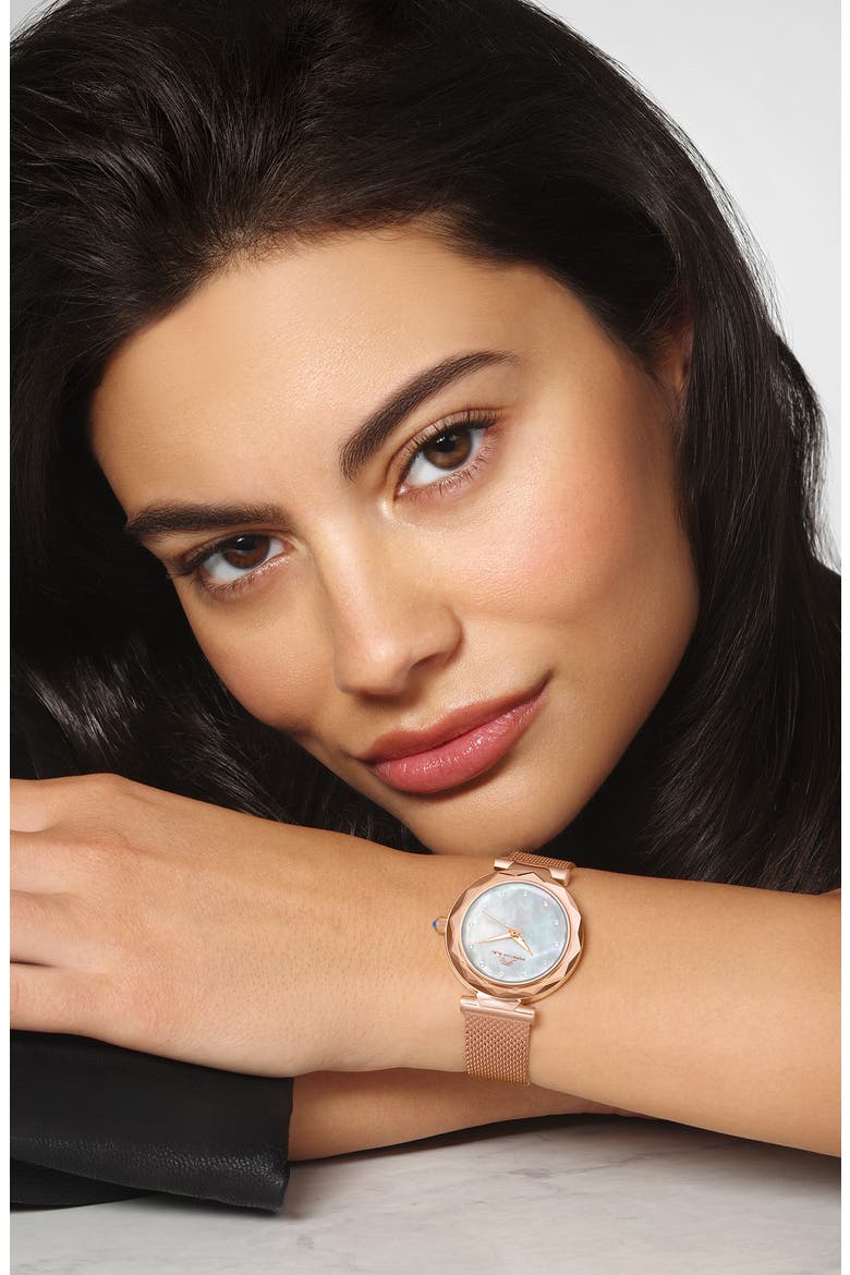 Hazel White Topaz Mother of Pearl Dial 3-Hand Quartz Mesh Strap Watch, 33mm, Alternate, color, ROSE