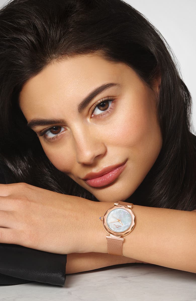 PORSAMO BLEU Hazel White Topaz Mother of Pearl Dial 3-Hand Quartz Mesh Strap Watch, 33mm, Alternate, color, 