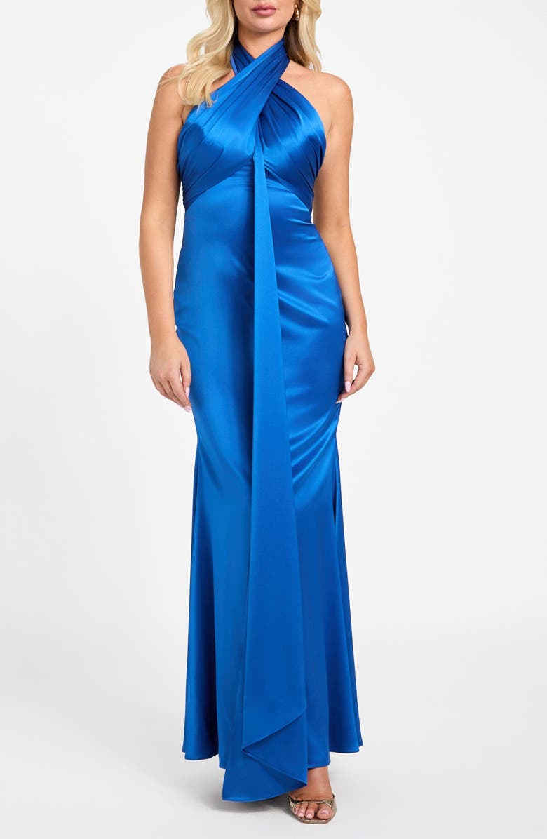 Marciano Aretha Halter Satin Gown, Main, color, Infinity Galaxy