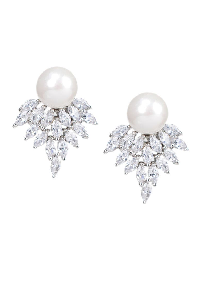 Marquise Cluster CZ & Pearl Earrings, Main, color, WHITE-CLEAR-SILVER