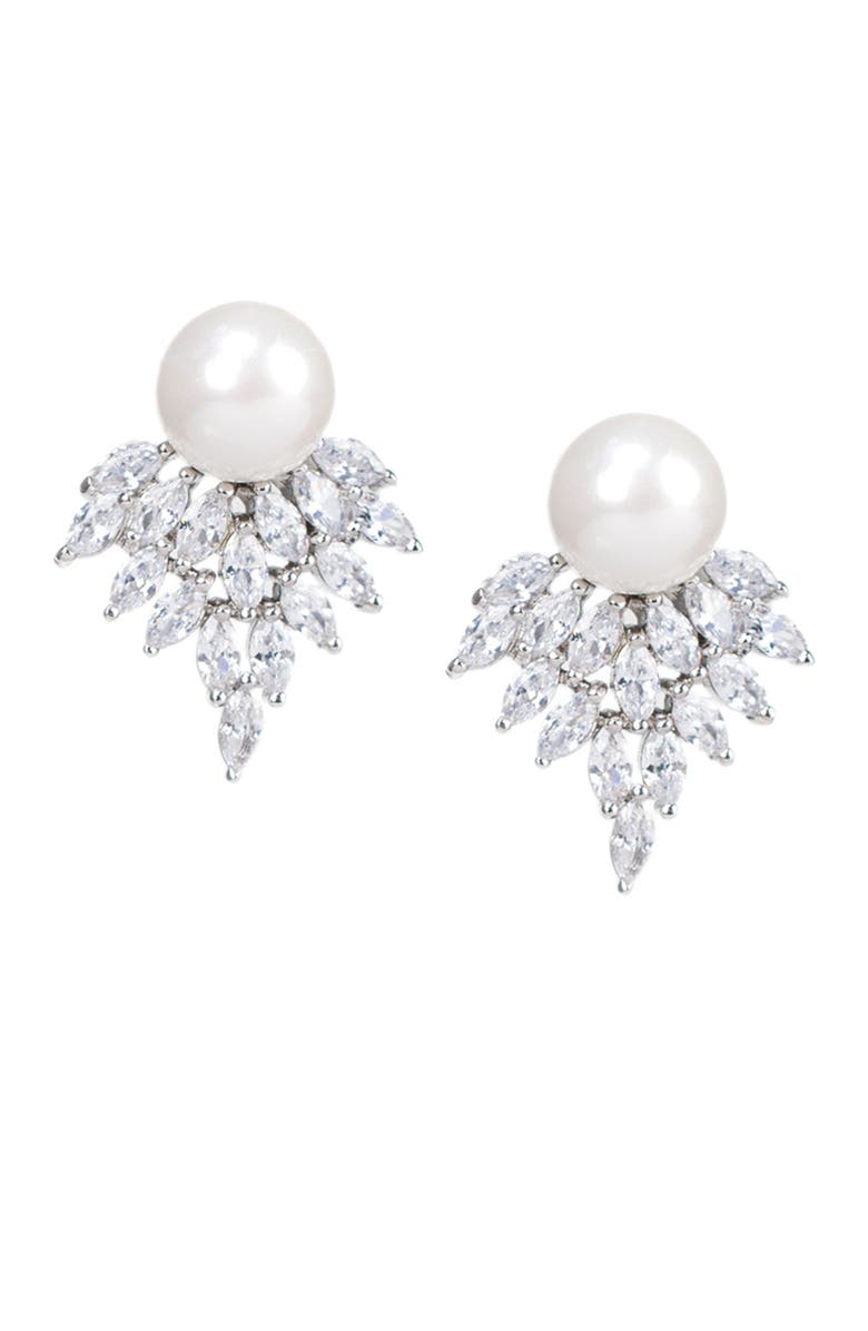 CZ by Kenneth Jay Lane Marquise Cluster CZ & Pearl Earrings, Main, color, White-Clear-Silver