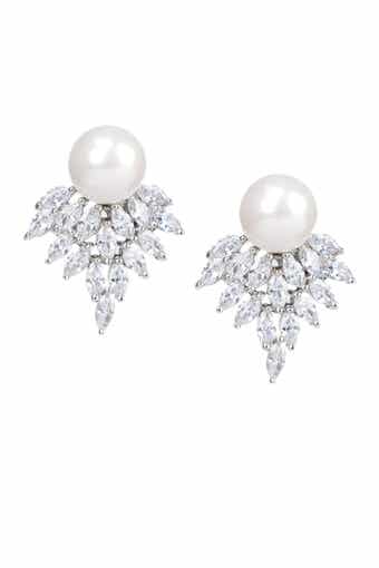 CZ by Kenneth Jay Lane Marquise Cluster CZ & Pearl Earrings