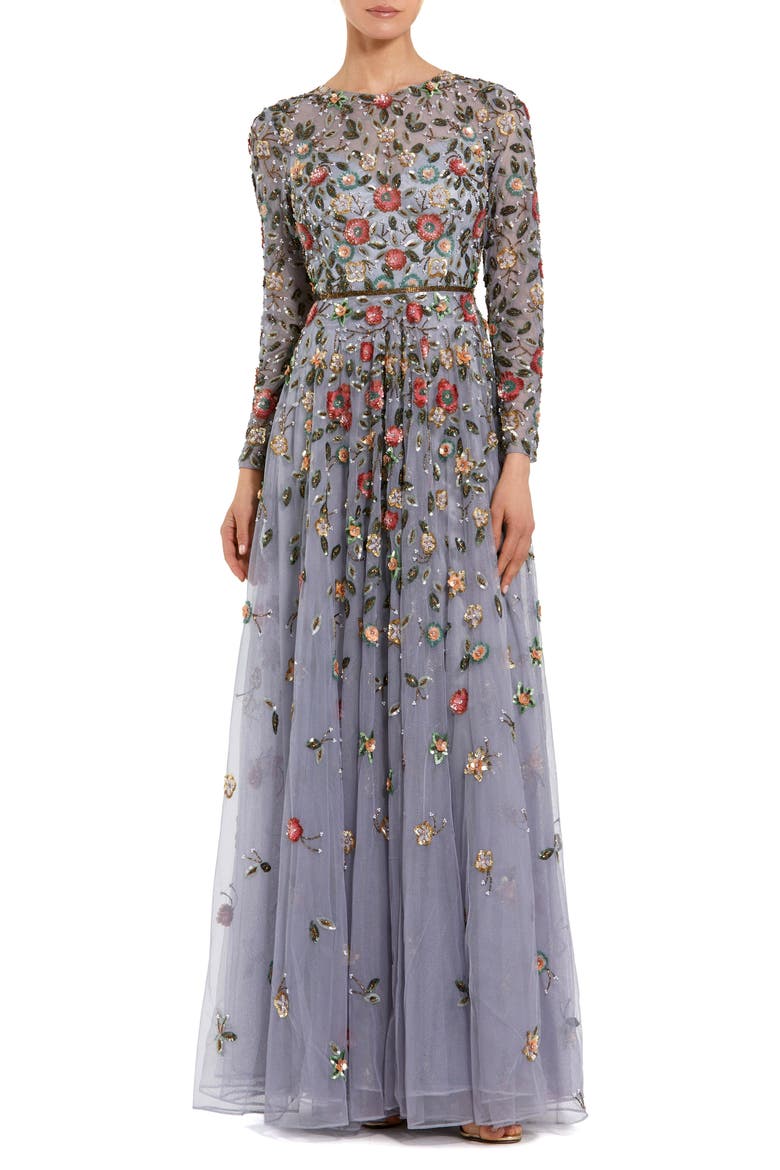 Women's Embellished High Neck Long Sleeve A Line Gown, Main, color, Grey Multi