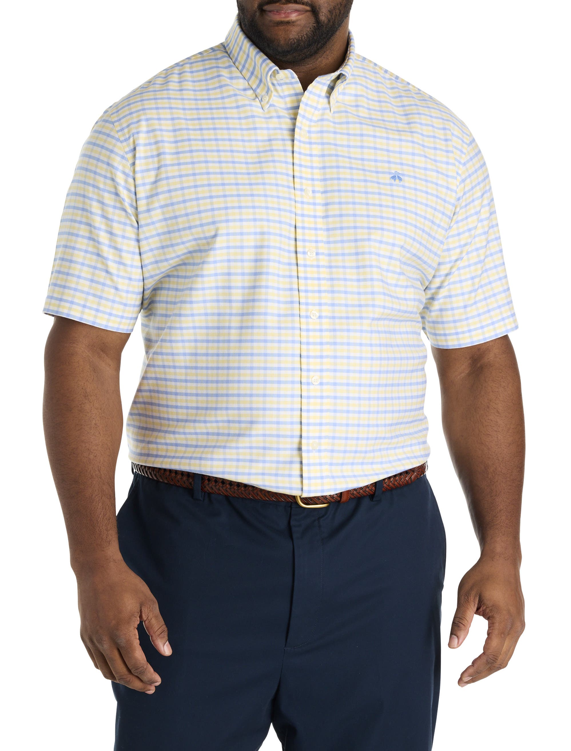 B+T Essentials Fit by Dxl Big & Tall  Non-Iron Gingham Sport Shirt in Yellow Blue Ging 