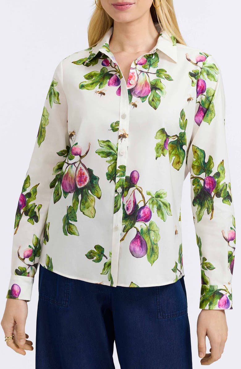 Foxcroft Hampton Figs Print Stretch Cotton Button-Up Shirt, Main, color, Ivory/ Multi