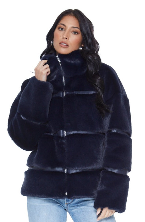 Shop Blue Revival Mob Wife Unreal Leather Fur Jacket In Navy