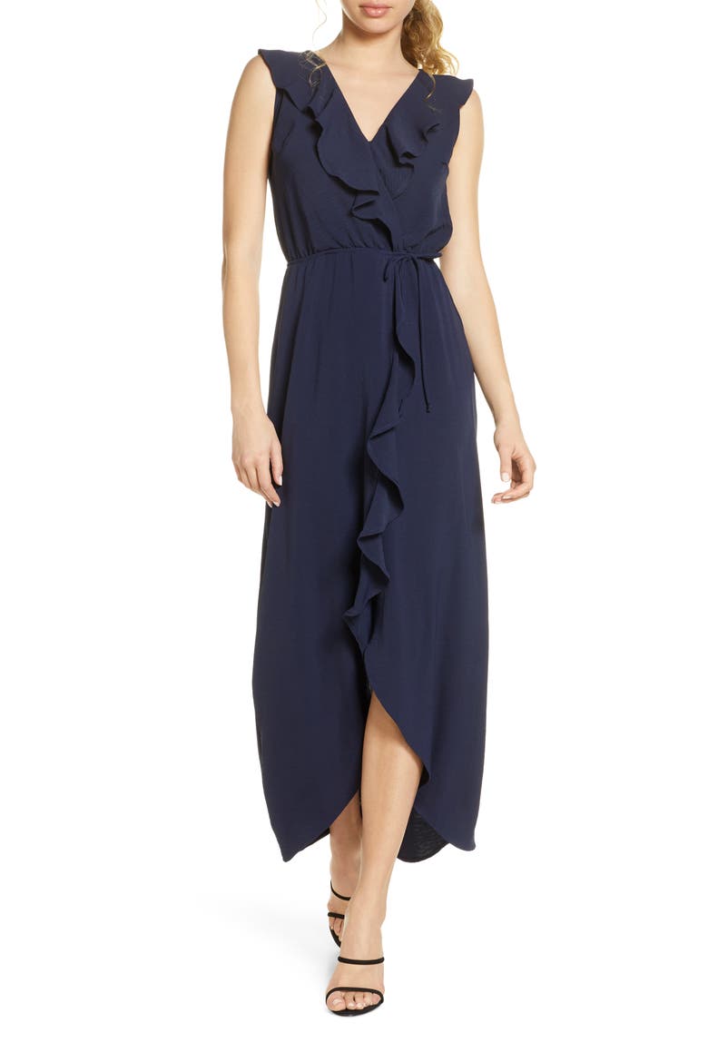 Ruffle Faux Wrap Maxi Dress, Main, color, NAVY