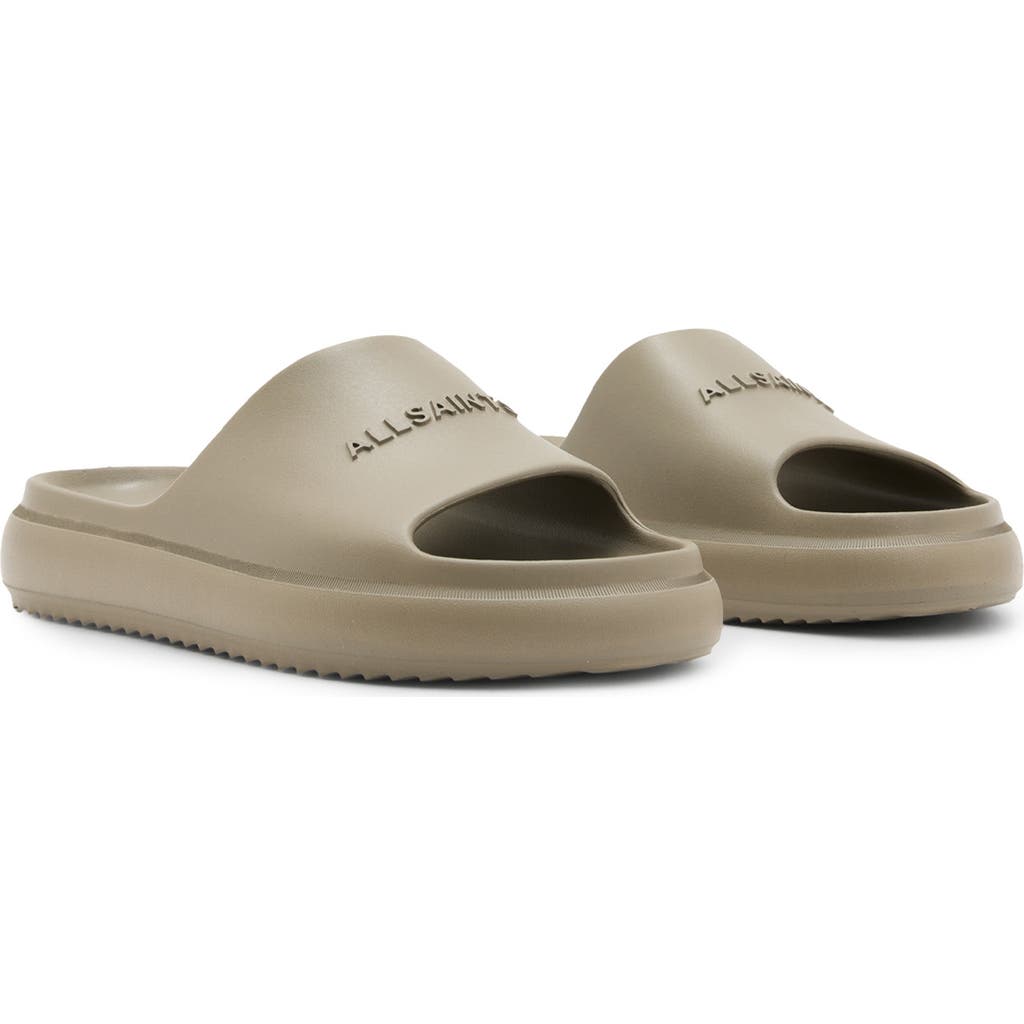 Allsaints Dune Slip On Logo Slides In Stone Grey