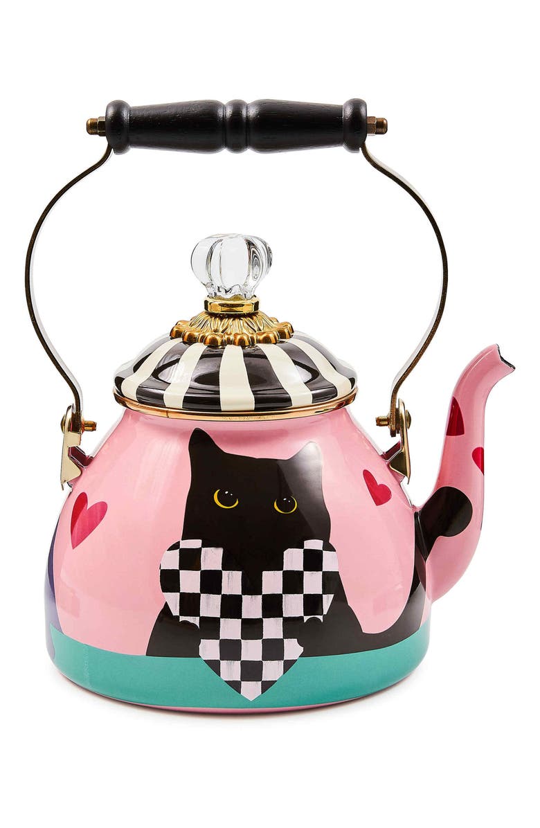 MACKENZIE CHILDS Cat Love Enameled Steel 2-Quart Tea Kettle, Alternate, color, Pink