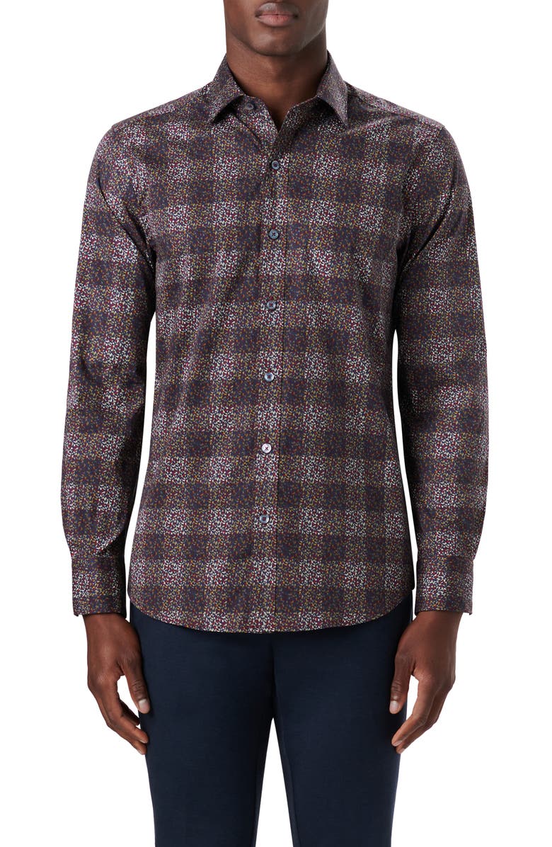 Bugatchi Shaped Fit Geometric Print Stretch Cotton Button-Up Shirt, Main, color, 