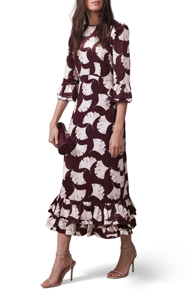 MINT VELVET Leaf Print Midi Dress, Alternate, color, Burgundy