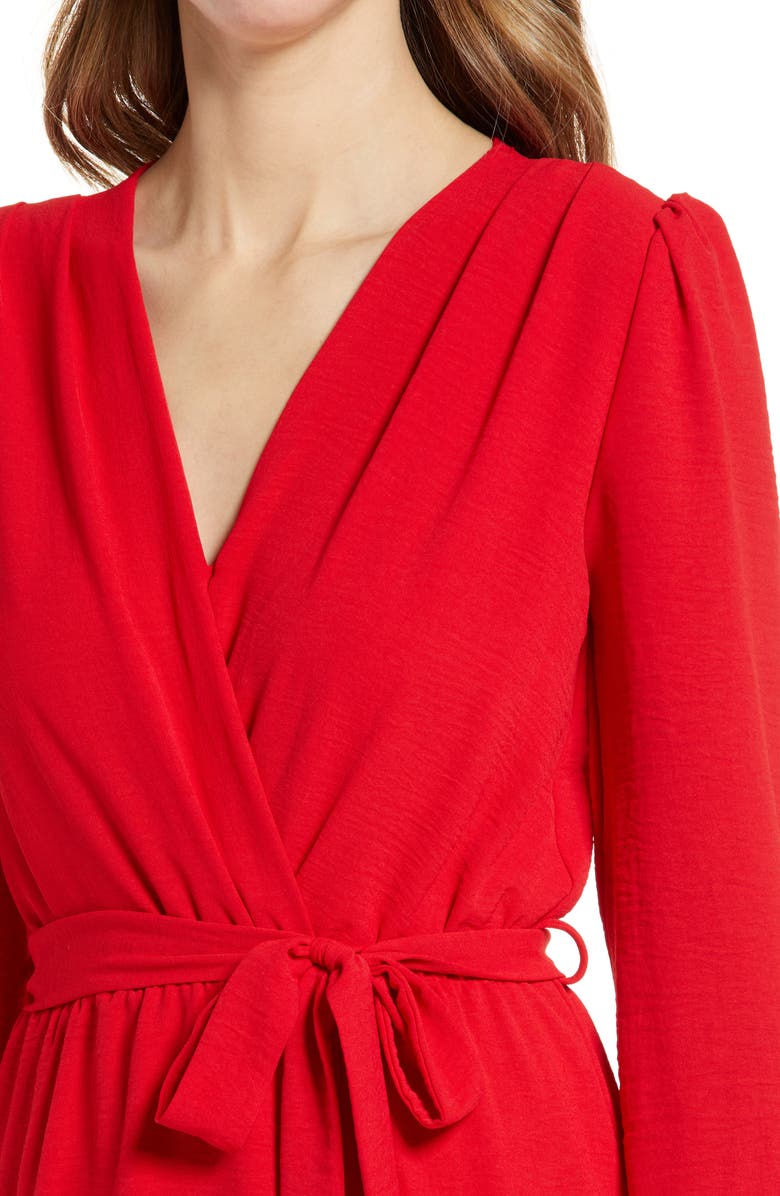 Fraiche by J Wrap Front Long Sleeve Dress, Alternate, color, Red