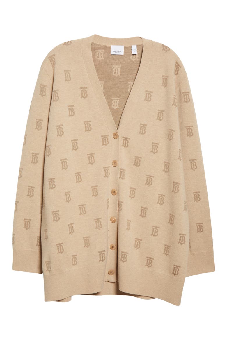 Women's Salena TB Logo Jacquard Wool & Silk Blend Cardigan, Alternate, color, LIGHT BEIGE MELANGE