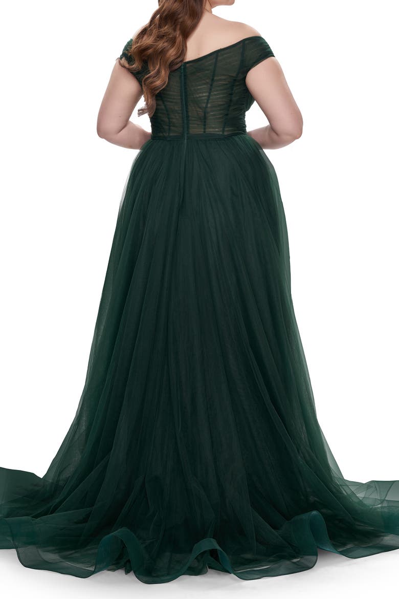 A-Line Tulle Off the Shoulder Plus Size Dress with Slit, Alternate, color, Dark Emerald