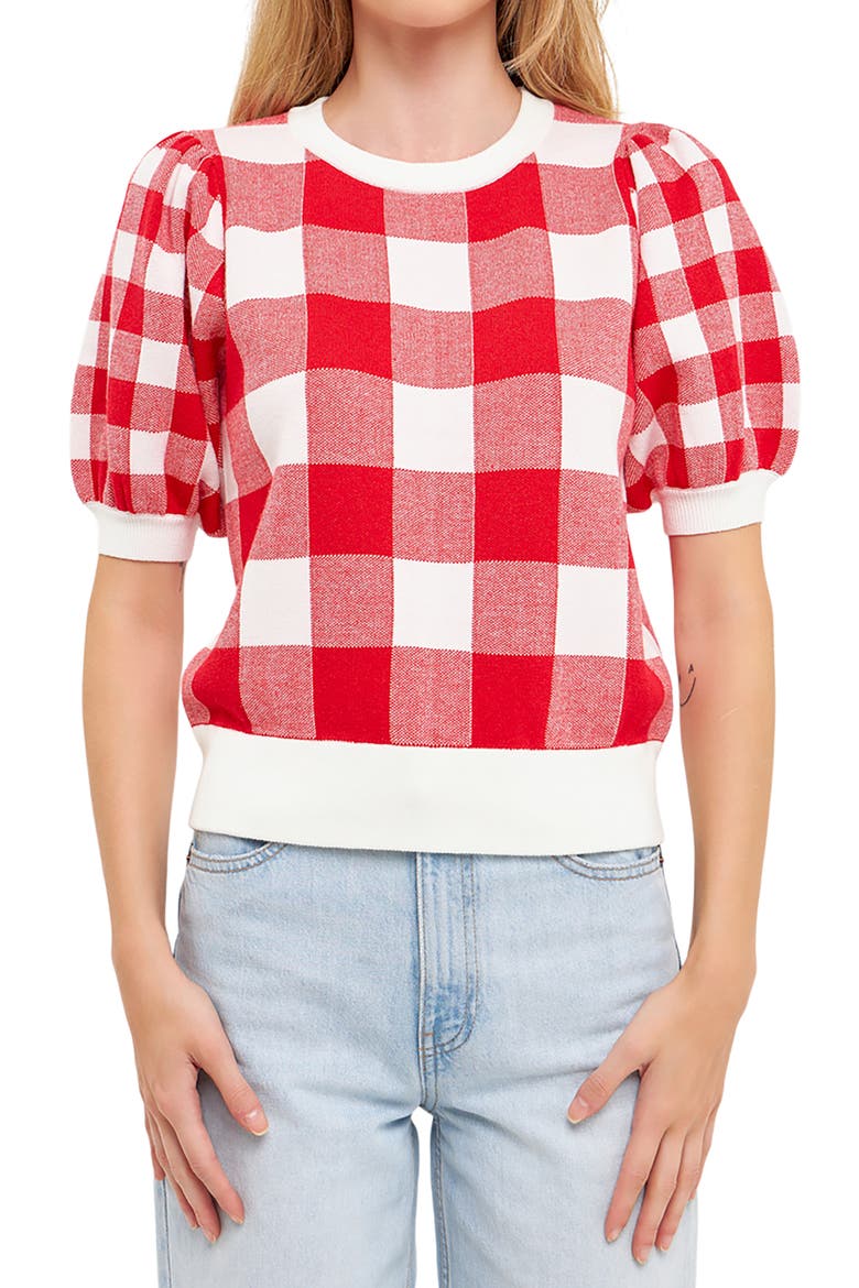 Gingham Puff Sleeve Sweater, Alternate, color, RED