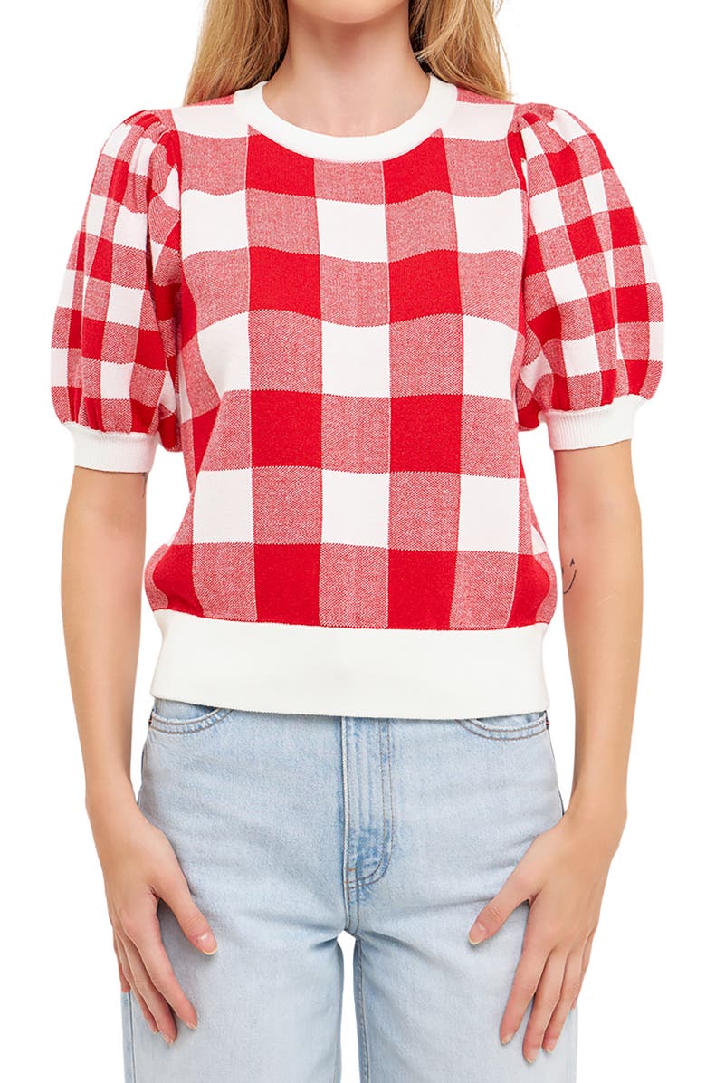 English Factory Gingham Puff Sleeve Sweater, Alternate, color, Red