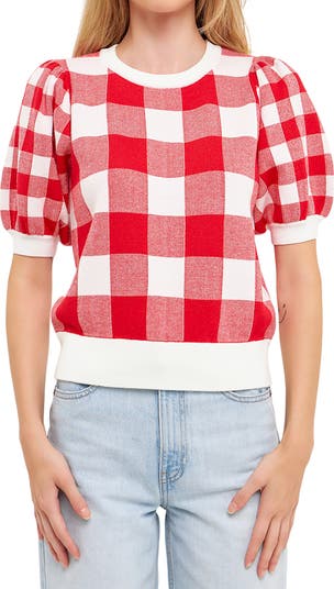 Gingham Puff Sleeve Sweater