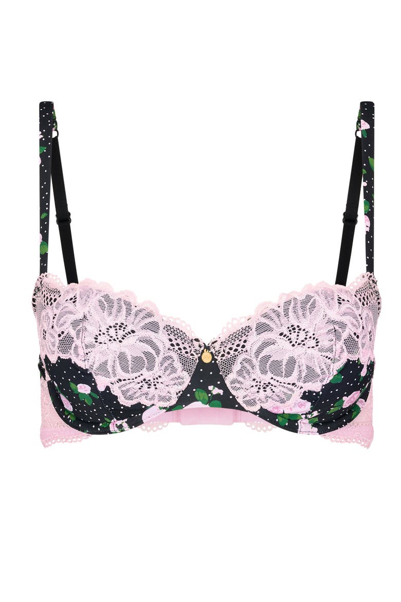 Mathilda Contour Balconette Bra, Alternate, color, Floral black & pink lace