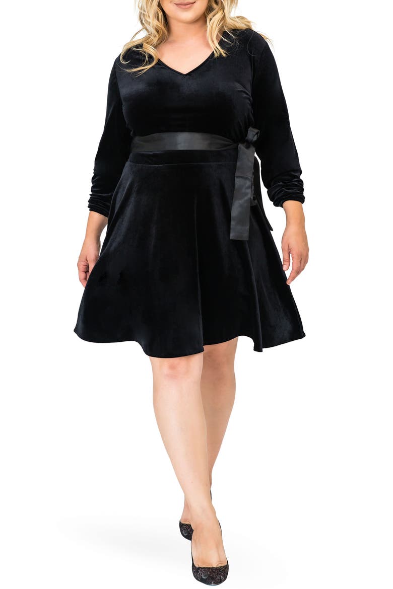 Millie V-Neck Stretch Velvet Fit & Flare Dress, Main, color, BLACK