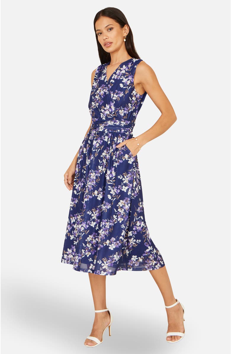 Yumi Blossom Print Mesh Stretch Midi Dress, Alternate, color, Navy