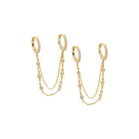 CZ Bezel Station Double Chain Huggie Earring