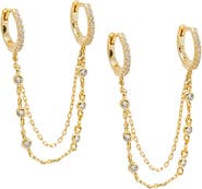 BY ADINA EDEN CZ Bezel Station Double Chain Huggie Earring