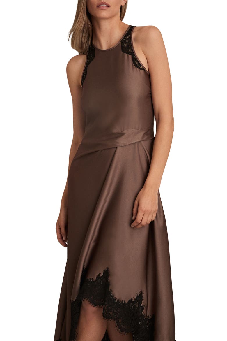 Anais Lace Trim Satin Dress, Alternate, color, MOCHA BROWN