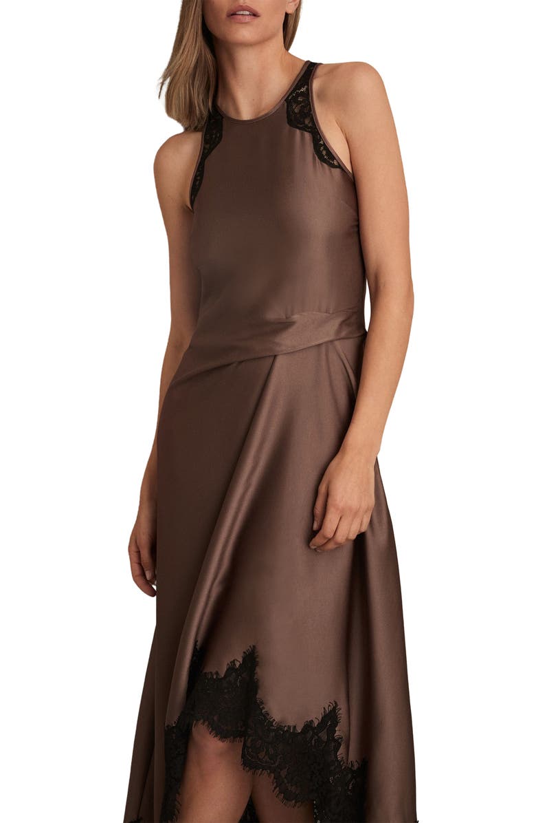 Reiss Anais Lace Trim Satin Dress, Alternate, color, Mocha Brown