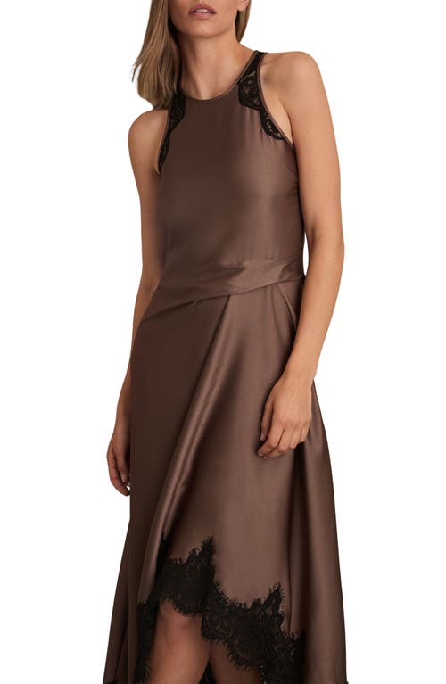 Reiss Womens Mocha Brown Anais Round-neck Lace-embroidered Asymmetric Satin Midi Dress In Brown