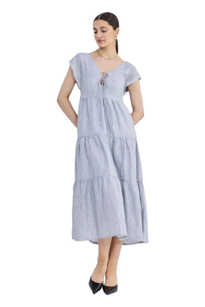 Gathered Tiered Dress with Front-ties Linen stripes, Alternate, color, Pin Striped Linen