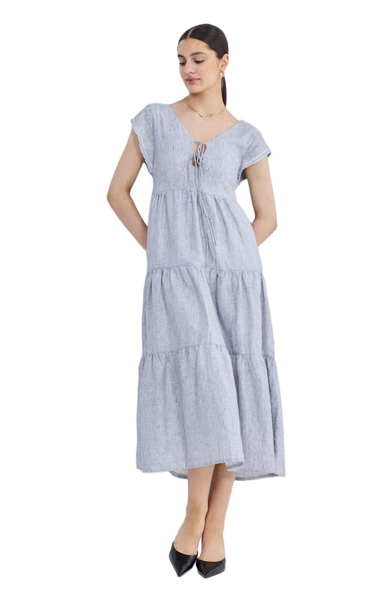 Reistor Gathered Tiered Dress with Front-ties Linen stripes, Alternate, color, Pin Striped Linen