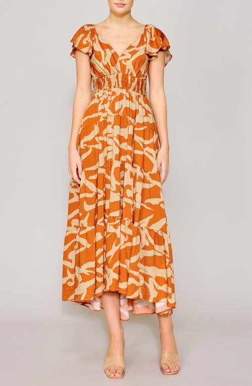 Melloday Printed Smocked Waist Maxi Sundress In Orange Ivory