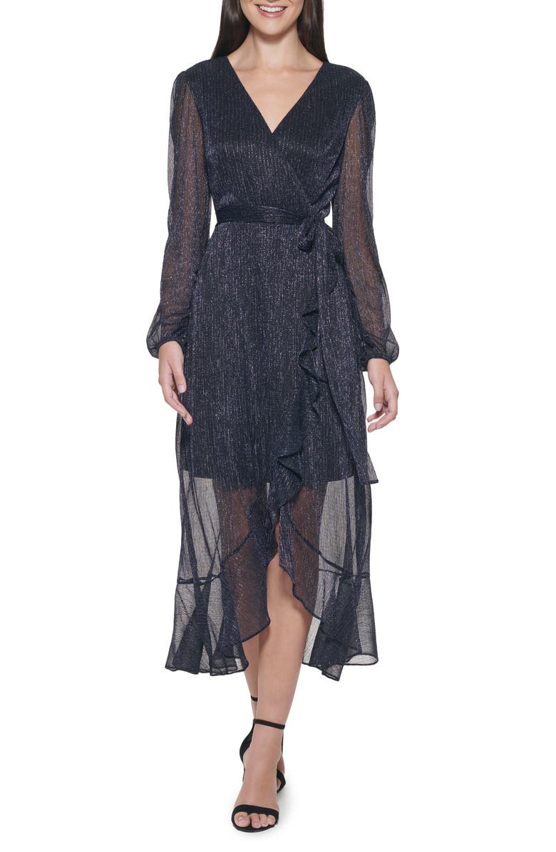 Kensie Long Sleeve Shimmer Knit Midi Dress, Main, color, Blue/Black