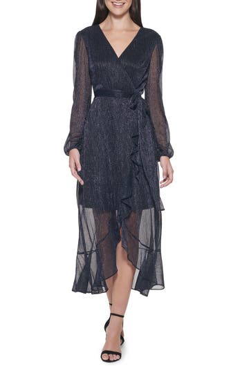 Kensie Long Sleeve Shimmer Knit Midi Dress In Black