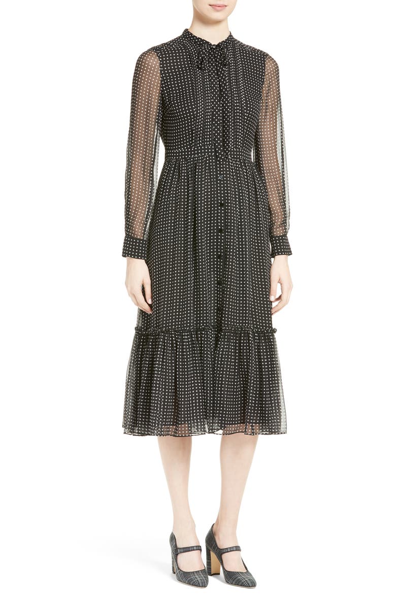 pin dot silk chiffon shirtdress, Main, color, BLACK/ CREAM
