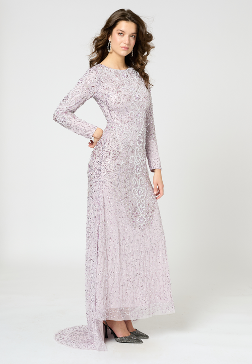 Maryisa Modest Embellished Sequin Beaded Maxi Dress With Trail