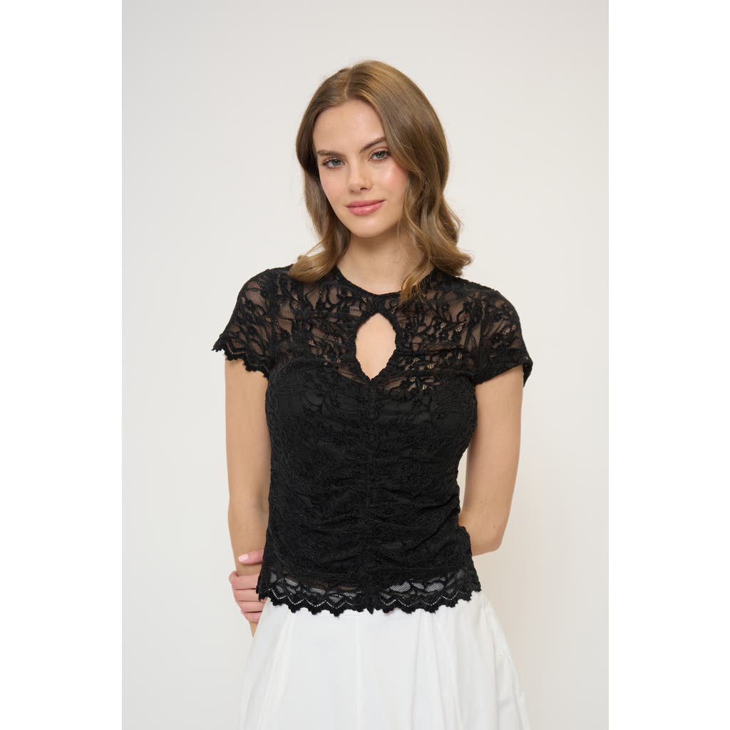 Central Park West Stella Ruched Lace Top In Black
