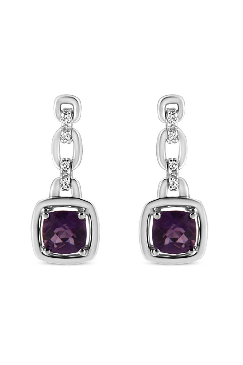 Silver Cushion Purple Amethyst and Diamond Accent Drop and Dangle Earrings, Main, color, White