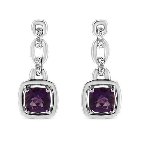 Silver Cushion Purple Amethyst and Diamond Accent Drop and Dangle Earrings