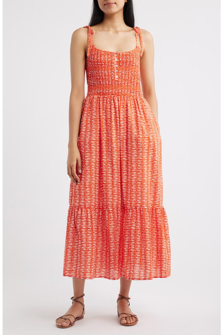 Carmen Tie Strap Ruffle Hem Midi Dress, Main, color, SARDINA PRINT