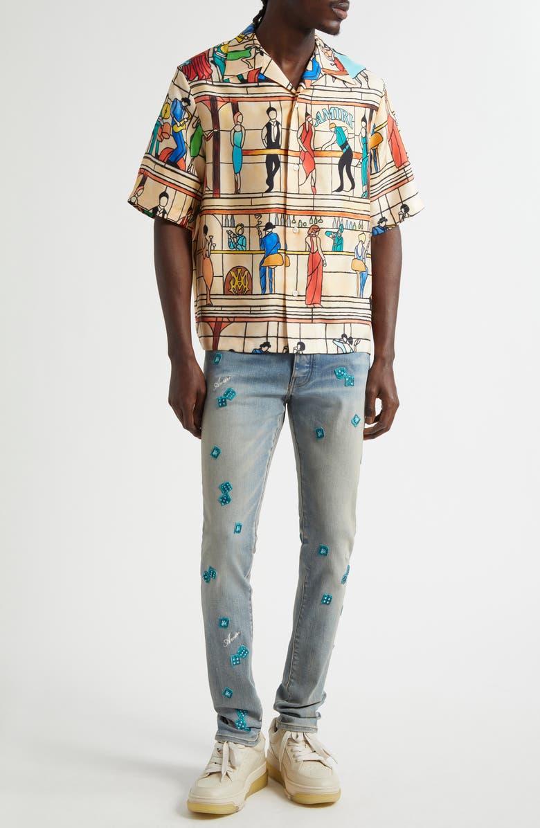 AMIRI Pool Hall Print Camp Shirt, Alternate, color, Sand
