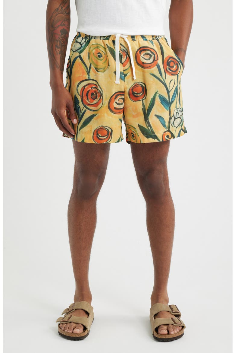 Floral Brush Drawstring Shorts, Main, color, ORANGE