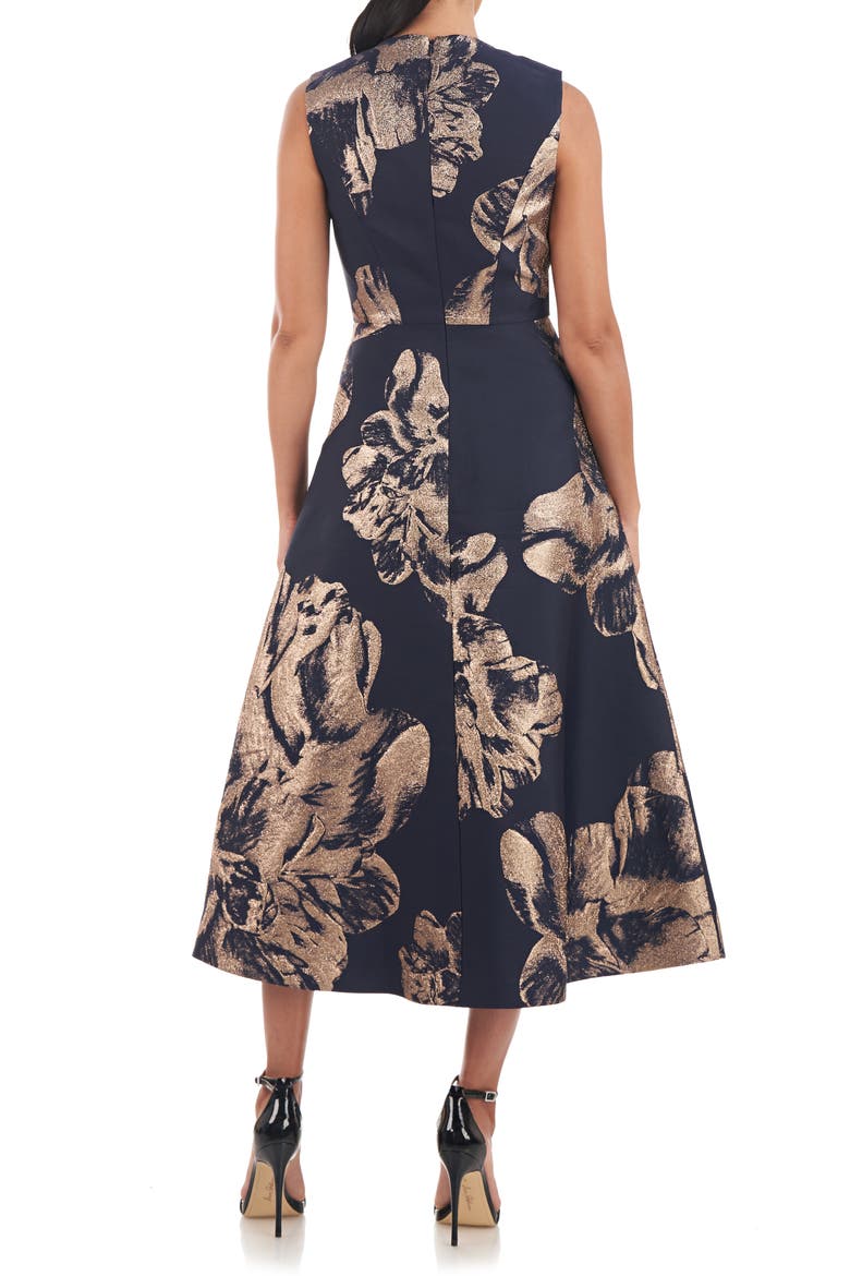 Molly Floral Metallic Jacquard A-Line Midi Dress, Alternate, color, NAVY/ BRONZE
