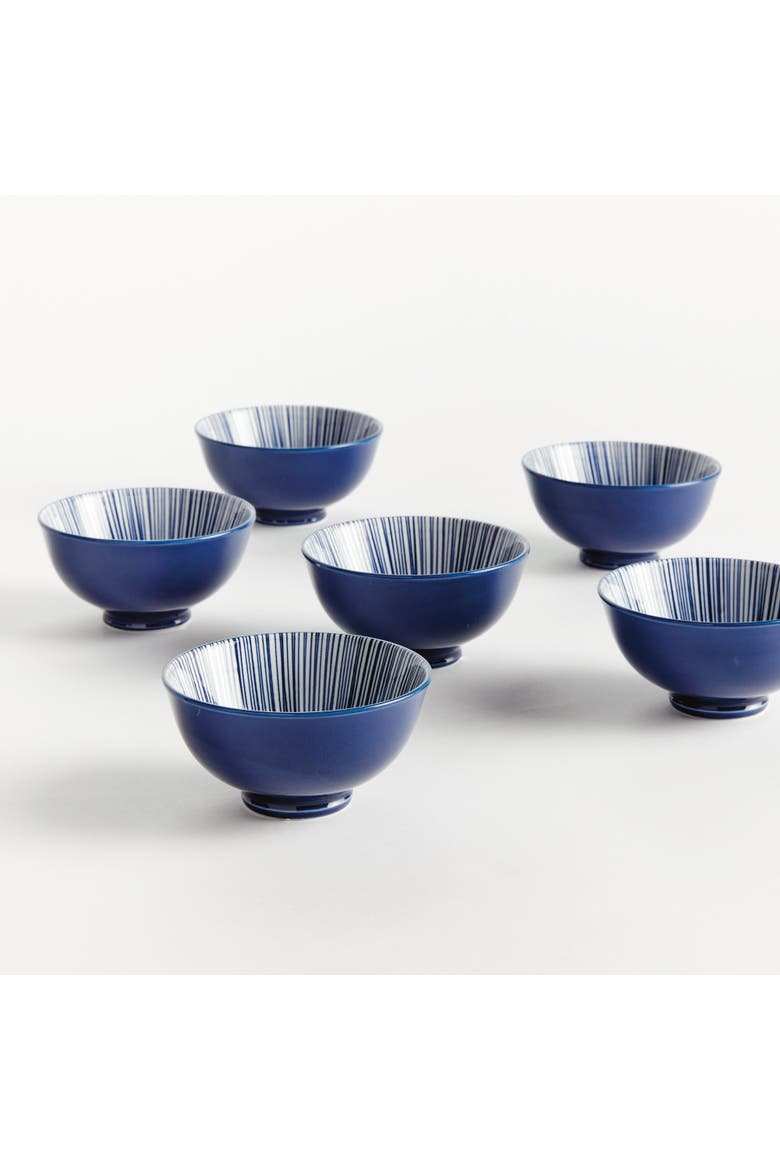 Stria 4.75" Bowls, Set of 6 - Dark Blue/White Ceramic, Alternate, color, Blue